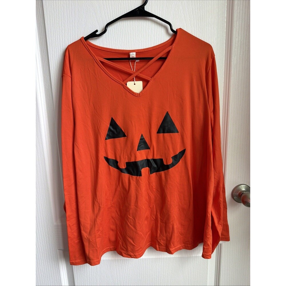 Pumpkin Jack-O'-Lantern Halloween Shirt Orange Long Sleeve Cotton 2XL